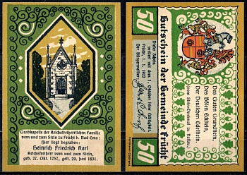 Фрюхт (Пруссия, Гессен-Нассау) 50 пфеннигов 1922 Mehl Grabowski 399.2-2/3 бумага UNC (пресс) 7555-20-1-2