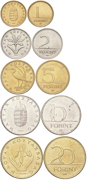 Венгрия набор из 5 монет (1, 2, 5, 10 и 20 форинтов) 1994, 1997, 2005 и 2008 Третья Республика KM 692, 693, 694, 695, 696 aUNC-UNC 4612-711-715