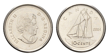 Канада 10 центов 2004 P, Елизавета II (1952-2022), парусник KM 492 сталь плакированная никелем UNC 4689-622