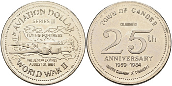 Канада, Гандер жетон 1984 1 авиационный доллар, Fluing Fortress никель 4590-834