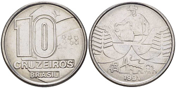 Бразилия 10 крузейро 1990 золотодобыча KM 619.1 нержавеющая сталь 4179-931