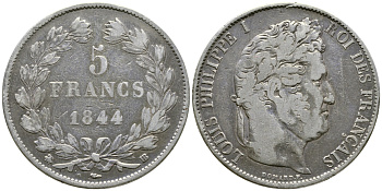 Франция 5 франков 1844 BB, Луи Филипп I (1830-1848) KM 749.3 серебро 1066-7-66