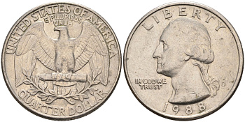 США 25 центов = квотер 1988 D, Вашингтон KM A164a медь плакированная медно-никелем 4592-224