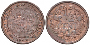НИДЕРЛАНДЫ 1/2 ЦЕНТА 1940 ВИЛЬГЕЛЬМИНА (1890-1948) KM 138 бронза 214-738