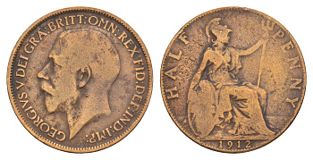 Великобритания 1/2 пенни 1912 Георг V (1910-1936) KM 809, Spink 4056 бронза 4657-525