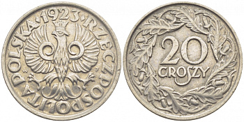 ПОЛЬША 20 ГРОШЕЙ 1923 KM 12 никель 4448-141