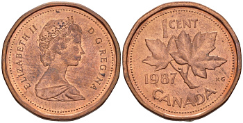 Канада 1 цент 1987 Елизавета II (1952-2022), кленовый лист KM 132 бронза 54-657