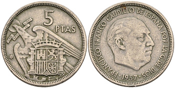 Испания 5 песет 1957 (58) Франсиско Франко (1939-1975) KM 786 медно-никель 4573-931