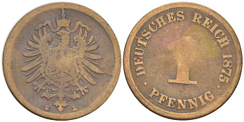 ГЕРМАНИЯ 1 ПФЕННИГ 1875 E, СТАРОГЕРБОВКА KM 1, J. 1, Weege 1 медь 206-1034