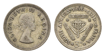 ЮАР 3 пенса 1956 Елизавета II (1952-2022) KM 47 серебро 4547-622
