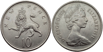 Великобритания 10 пенсов 1974 Елизавета II (1952-2022) KM 912, Spink 4231 (F1) медно-никель 51-2914