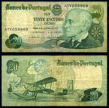 Португалия 20 эскудо 1978 4 октября 1978, Гагу Коутинью, signatures: Em?lio Rui da Veiga Peixoto Vilar & V?tor Manuel Ribeiro Const?ncio Pick 176b(2) бумага 7204-22-2-2