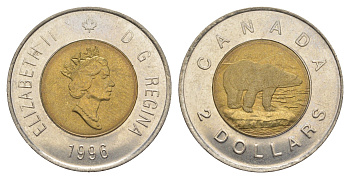 Канада 2 доллара 1996 Елизавета II (1952-2022), полярный медведь KM 270 биметалл UNC 4637-1021