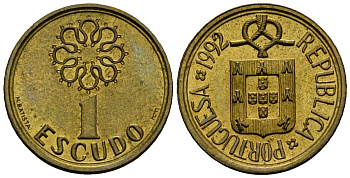 Португалия 1 эскудо 1992 KM 631 никель латунь 4164-1117