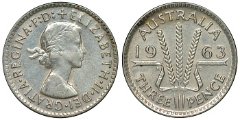 Австралия 3 пенса 1963 m, Елизавета II (1952-2022) KM 57 серебро 71-946