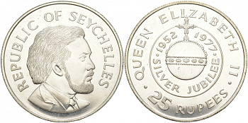Сейшельские острова 25 рупий 1977 25 лет правления (серебрянный юбилей) королевы Елизаветы II (1952-1977) KM 38 a серебро BUNC 1091-3-31