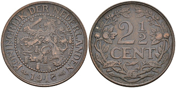 Нидерланды 2 1/2 цента 1918 Вильгельмина (1890-1948) KM 150 бронза 4116-321