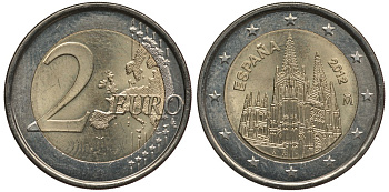 ИСПАНИЯ 2 ЕВРО 2012 ЮНЕСКО - КАФЕДРАЛЬНЫЙ СОБОР В ГОРОДЕ БУРГОС KM 1254 биметалл 3856-716