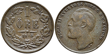 ШВЕЦИЯ 1 ЭРЕ 1873 LA, ОСКАР КОРОЛЬ ШВЕЦИИ И НОРВЕГИИ KM 728 бронза 4396-241