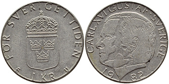 Швеция 1 крона 1982 Карл XVI Густав (1973- ) KM 852a медно-никель 4397-1045