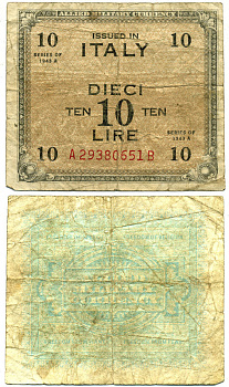 Италия 10 лир 1943 серия А-в, второй выпуск, военная валюта союзников Pick М19b бумага 7484-13-3-1