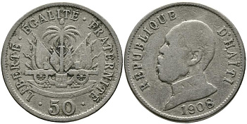 Гаити 50 сантимов 1908 Президент Пьер Нор Алексис KM 56 медно-никель 114-142