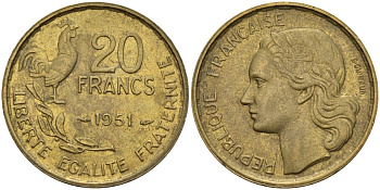 Франция 20 франков 1950 B, петух KM 917.1 алюминиевая бронза 4142-1236