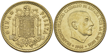 Испания 1 песета 1966 (75) Франциско Франко (1939-1975) КМ 796 алюминиевая бронза 67-755
