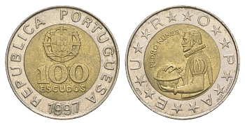 Португалия 100 эскудо 1997 Педру Нуниш (1502-1578), математик KM 645 биметалл 4566-312
