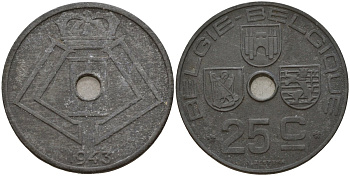 Бельгия 25 сантимов 1943 Belgie - Belgique, Леопольд III (1934-1947), германская оккупация, Вторая мировая война KM 132 цинк 4157-532