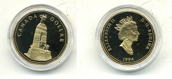 КАНАДА 1 ДОЛЛАР 1994 ВОЕННЫЙ МЕМОРИАЛ, В ОРИГИНАЛЬНОЙ КОРОБКЕ С СЕРТИФИКАТОМ, ПОЗОЛОТА KM 248 бронза PROOF 5-2-23