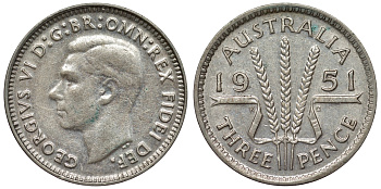 Австралия 3 пенса 1951 m, Георг VI (1937-1952), без букв KM 44 серебро 71-265