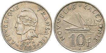 Французская Новая Каледония 10 франков 2009 рыбачья парусная лодка, (IEOM) KM 11a, Schoen 13a, Lec 99k медно-никель 61-1114