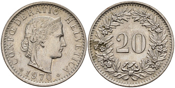 Швейцария 20 раппенов 1970 KM 29a медно-никель 4187-557