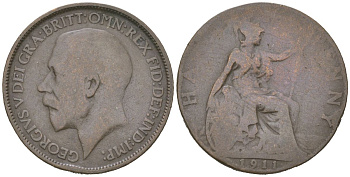 Великобритания 1/2 пенни 1911 Георг V (1910-1936) KM 809, Spink 4056 бронза 4616-724