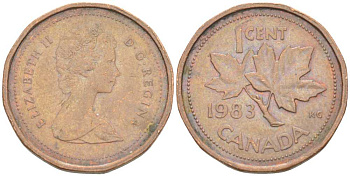 КАНАДА 1 ЦЕНТ 1983 КЛЕНОВЫЙ ЛИСТ, ЕЛИЗАВЕТА II KM 132 бронза 75-1669