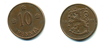 Финляндия 10 пенни 1922 республика (1918-1962) KM 24 медь 46-648