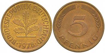 ФРГ 5 ПФЕННИГОВ 1978 F KM 107, J.382 сталь плакированная латунью 4547-1159