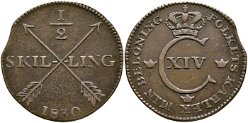 Швеция 1/2 скиллинга 1830 Карл XIV Юхан (1818-1844) KM 596 медь 4680-126