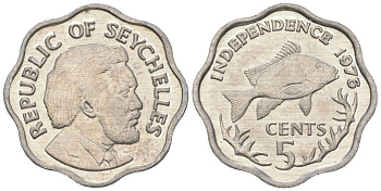Сейшельские острова 5 центов 1976 Декларация независимости, Джеймс Мэнчем, рыба KM 22 алюминий UNC 4615-1057