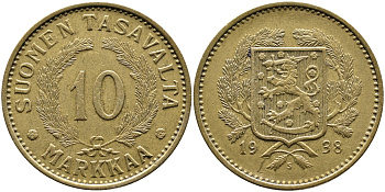 Финляндия 10 марок 1938 S KM 63 алюминиевая бронза 4388-1044