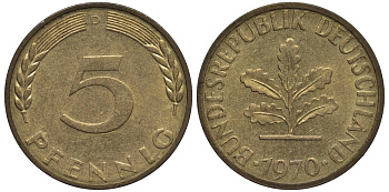 ФРГ 5 ПФЕННИГОВ 1970 J KM 107, Jager 382 сталь плакированная латунью 4547-744