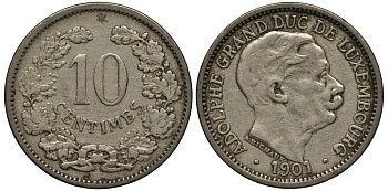 ЛЮКСЕМБУРГ 10 САНТИМОВ 1901 ВЕЛИКИЙ ГЕРЦОГ АДОЛЬФ (1890-1905) КМ 25 медно-никель 4538-724