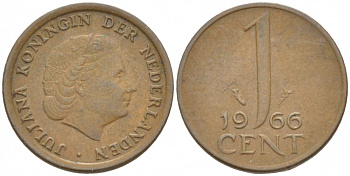 НИДЕРЛАНДЫ 1 ЦЕНТ 1966 ЮЛИАНА KM 180 бронза 3955-435