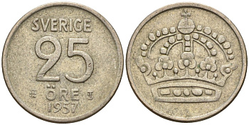 Швеция 25 эре 1957 TS, Густав VI Адольф (1950-1973) KM 824 серебро 4147-1057