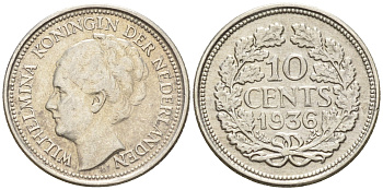Нидерланды 10 центов 1936 Вильгельмина I (1890-1948) КМ 163 серебро  UNC  4602-525