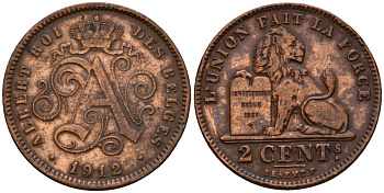 Бельгия 2 сантима 1912 Belges, Альберт I (1910-1934) KM 64 медь 4601-621