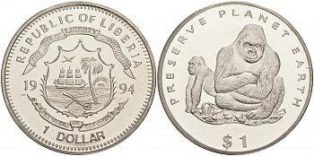 Либерия 1 доллар 1994 серия сохраним наш мир, горилла KM 118 медно-никель UNC M26-9