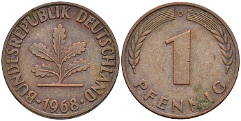 ФРГ 1 пфенниг 1968 D KM 105, J. 380 сталь плакированная медью    4115-124