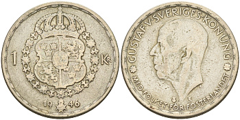 Швеция 1 крона 1946 TS, Густав V (1907-1950) KM 814 серебро 4126-1254